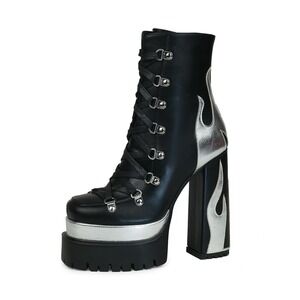 Women's Black Silver Flames Platform Lace Up Side Zip Chunky Heel Boots US 11